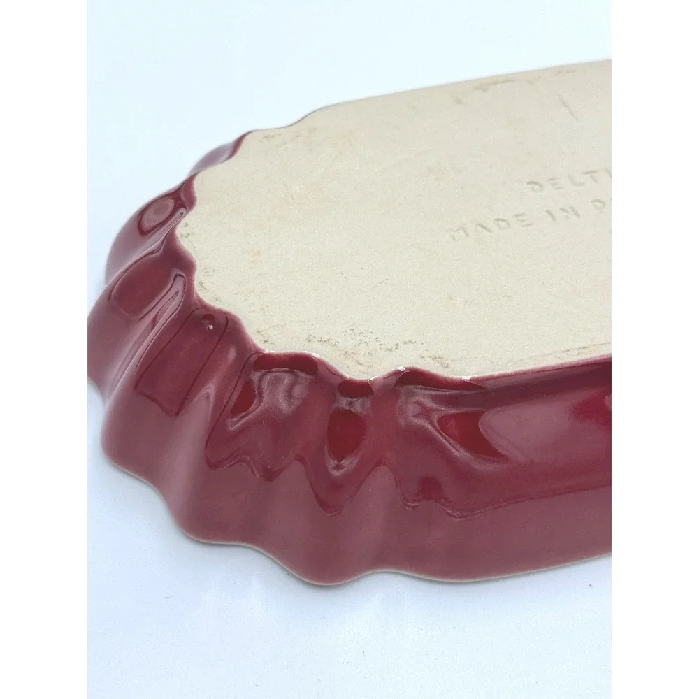 Deltis Stoneware Burgundy Red Scalloped Glazed Oval Serving Bowl Dish Portugal